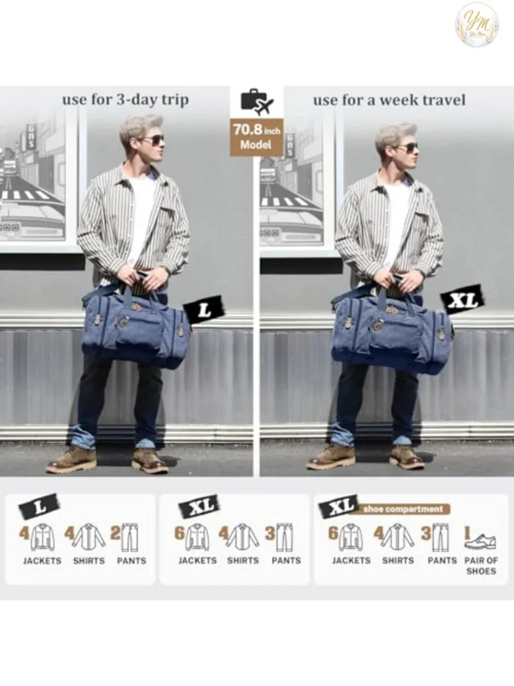 Expandable Canvas Travel Duffel Bag 60L Carry-On Weekender Overnight Bag